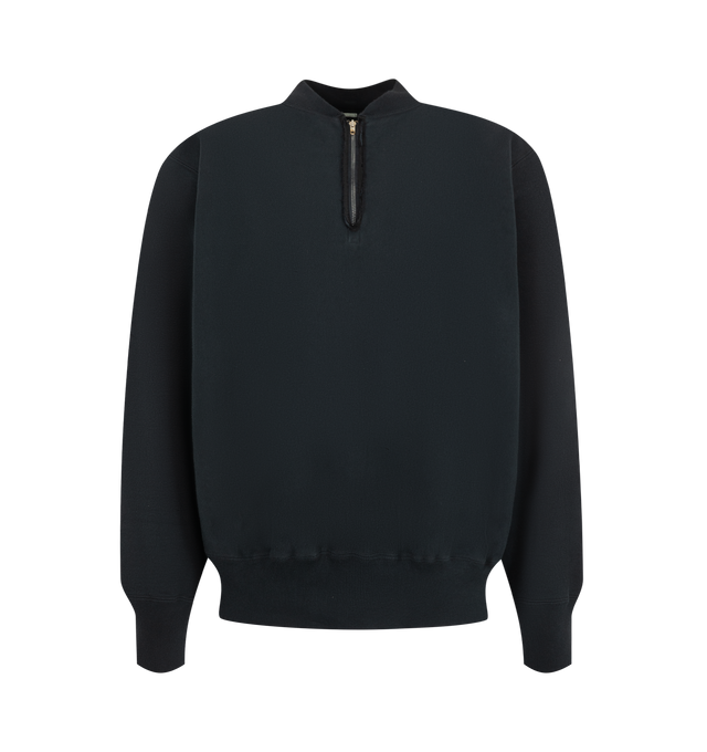 Image 1 of 2 - BLACK - A.Presse Men's Vintage Half Zip Rib Collar Sweatshirt is crafted from 100% cotton brushed-back fleece and features a vintage-inspired half-zip silhouette with a ribbed collar. Designed to faithfully reproduce original vintage sweatshirt details, it is cut with a cropped length, balanced volume, and sleeves that are neither overly wide nor restrictive. The seamless shoulder construction enhances comfort and ease of layering, while an Asahi zipper completes the design. Skilled hand-fini 