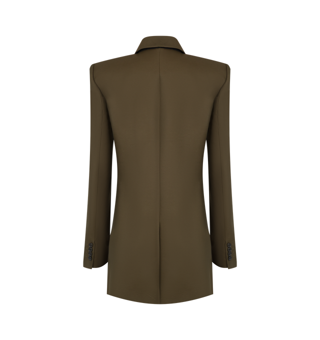 Image 2 of 2 - GREEN - Khaite Womens Wool Silk Cady Jacket is crafted from wool silk cady. Features an elongated silhouette, overlapping collar, sharp shoulders with cigarette-roll detailing, natural gathering at the chest, and low-set welt pockets. Main Material: 74% Wool, 26% Silk. Made in Italy. 