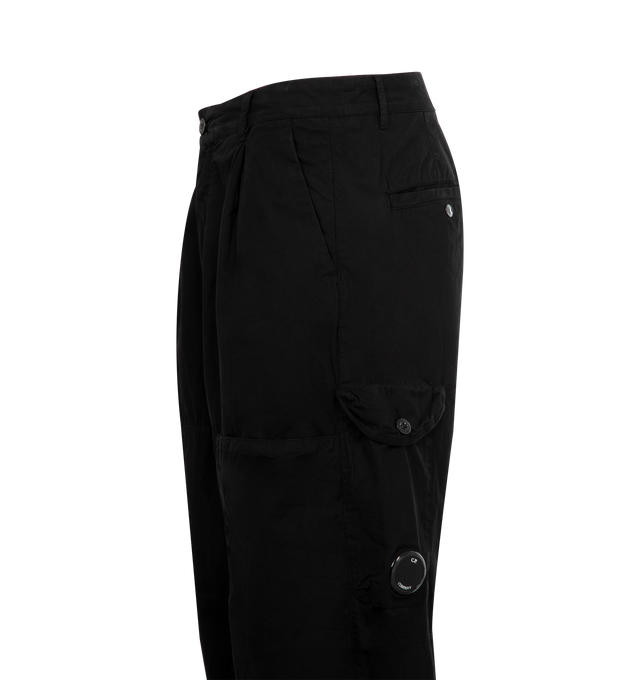 Image 3 of 3 - BLACK - C.P. COMPANY Microreps Cargo Pant featuring button and zip fastening, pinces, belt loops, side pockets, thigh flap snap pocket, back button pocket with Lens detail, back welt flap snap pockets with applied label, adjustable drawstring hems, garment dyed and boxy fit. 100% cotton. 