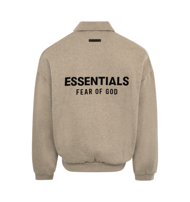 Image 2 of 2 - GREY - Fear of God Essentials Fleece Polo Sweatshirt in an oversized fit featuring long sleeves with dropped shoulders, rib trim, classic collar with single button closure,  Fear of God Essentials soft-touch logo graphic at the left chest and back, and a rubber brand logo at the upper back. 80% cotton, 20% polyester brushed back fleece. 