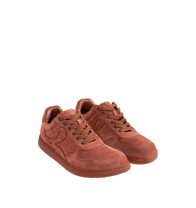 Image 2 of 5 - ORANGE - LOEWE Jambo Sneaker in suede calfskin featuring a full monochrome look with an asymmetric toe shape, a nappa fussbett, 25mm heel, lace closure, L monogram at the side, embossed LOEWE on the heeltab and Anagram-embossed rubber cupsole. Calf suede. Made in Italy. 