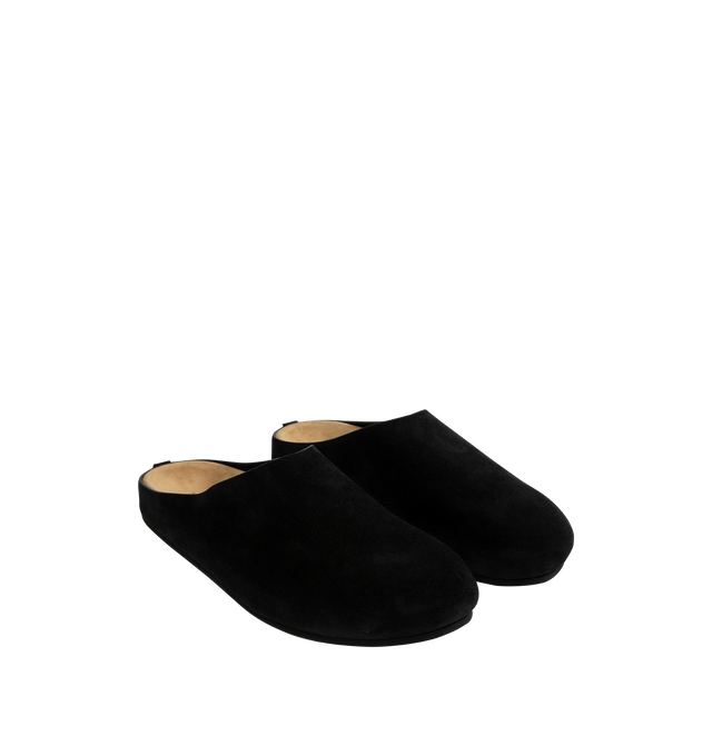 Image 2 of 4 - BLACK - The Row Hugo Loafers featuring calfskin suede slip-on loafers, logo embossed at molded footbed, suede-covered midsole and rubber sole. Upper: calfskin. Sole: rubber. Made in Italy. 