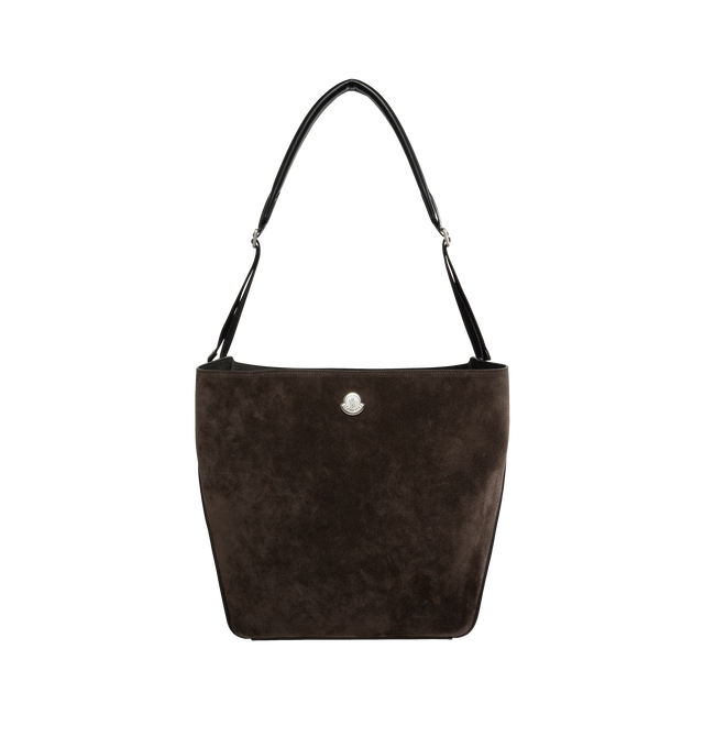 Image 1 of 3 - BROWN - Moncler Women's Carlo Suede Shoulder Bag is crafted from tactile cow suede and features a soft hobo silhouette accented with leather piping and contrast blanket stitching. Designed for versatile hand or shoulder carry, this designer bag features a leather handle, nylon lining, a removable zipped pouch, and signature Moncler logo detailing at the bottom. Leather Exterior: Cow Leather. Leather Inserts: Cow Leather. Lining: 100% Polyamide/Nylon. Dimensions: 28 x 31 x 18 cm. Fits a large  