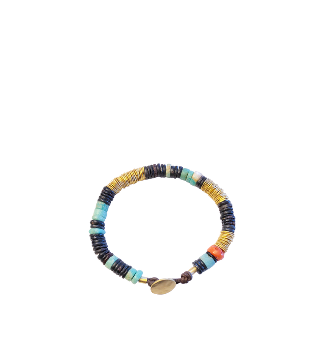 Image 1 of 1 - GOLD - Eli Halili Agate, Turquoise & Coral Bead Bracelet is handcrafted with ancient agate discs, vibrant turquoise and coral beads, and solid 22K gold accents on a supple leather band. Finished with a handcrafted 22K gold button closure, this designer fine jewelry bracelet showcases Eli Halili's signature blend of ancient influences and artisanal craftsmanship, creating a richly textured statement piece for everyday wear. Main Materials: 22K Gold, Ancient Agate, Turquoise, Coral, and Leather 