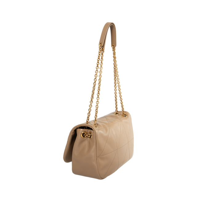 Image 2 of 4 - NEUTRAL - SAINT LAURENT Jamie 4.3 Small in Lambskin featuring quilted topstitching, adjustable sliding strap, one flap pocket at back and snap closure with inner ties. 9.8 X 6.3 X 2.8 inches. 100% lambskin.  