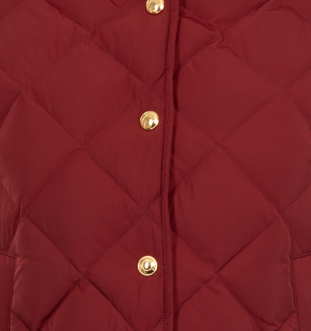 Image 3 of 3 - RED - THOM BROWNE Diamond Quilted Classic Down Vest featuring down-feather filling, signature grosgrain loop tab, signature grosgrain side tabs, gold-tone buttons, diamond quilting, padded design, baseball collar, front press-stud fastening, sleeveless, two press-stud fastening side pockets, high-low hem and RWB stripe lining. 100% polyester. Filling: 80% goose down, 20% goose feather. 