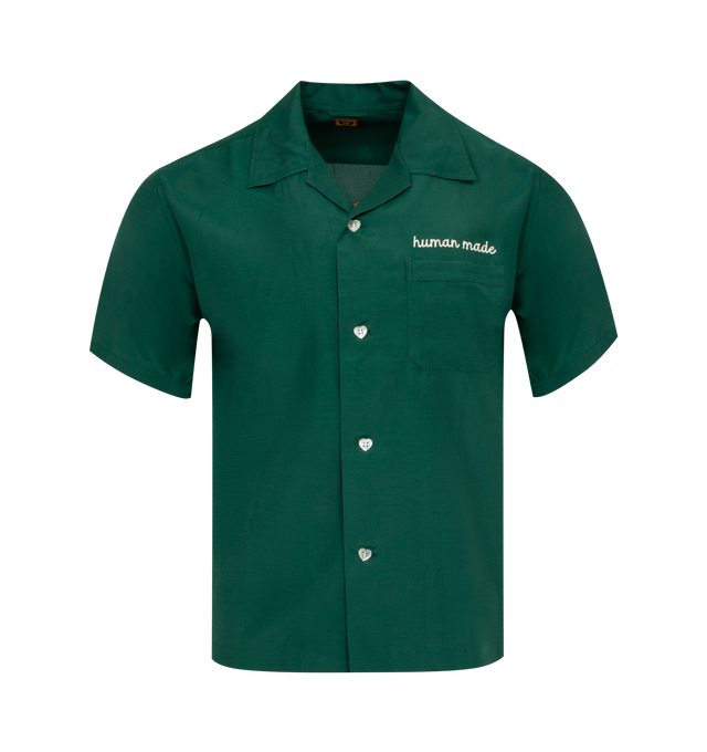 Image 1 of 2 - GREEN - HUMAN MADE Bowling Shirt featuring camp collar, button closure, chest pocket, embroidered branding and graphic on back. 65% rayon, 35% cotton. 