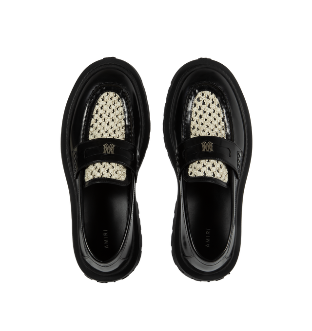 Image 4 of 4 - BLACK - AMIRI Jumbo Mixed Media Penny Loafer featuring superchunky lug sole with ridged texture, textured knit vamp and monogram-logo 'coin' in the keeper strap. Leather and textile upper/textile lining/rubber sole. Made in Italy. 