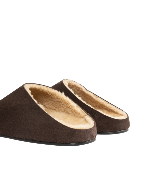 Image 3 of 4 - BROWN - THE ROW Hudson Slide featuring relaxed slip-on shoe in natural suede with round toe, contoured footbed and rubber sole. 100% calfskin leather. Rubber sole. Made in Italy. 