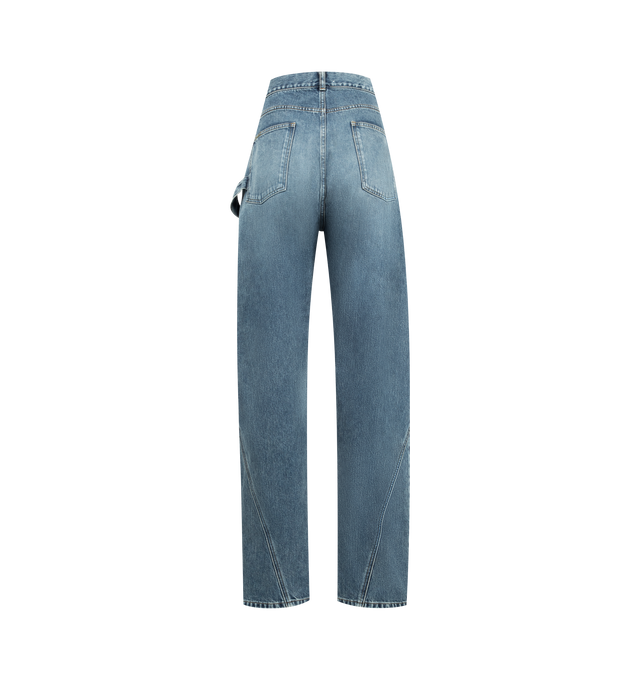 Image 2 of 3 - BLUE - JW ANDERSON Twisted Workwear Jeans featuring a large leather logo patch, anchor stitched pocket, engraved metal shank buttons, logo rivets and orange binding. 100% cotton. Made in Japan. 