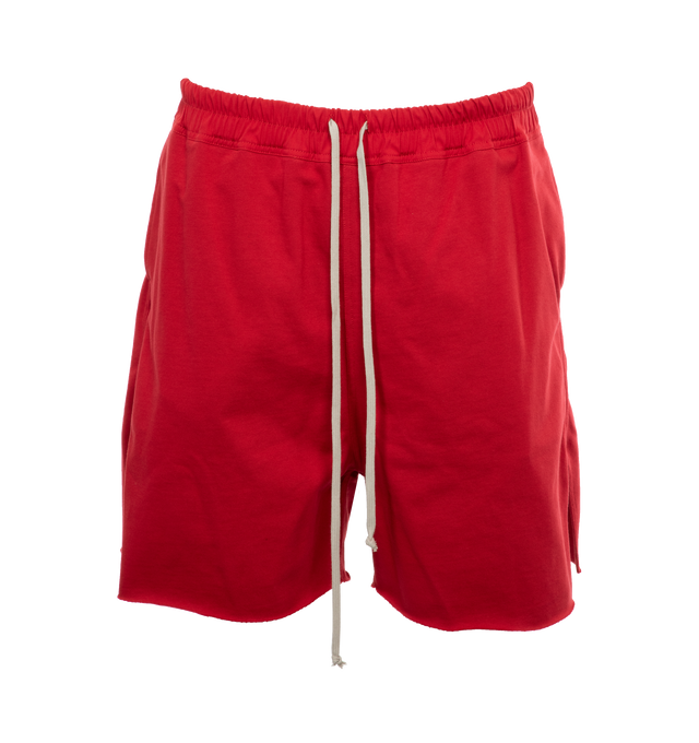 RED - RICK OWENS Lido Boxers featuring knee length, elastic waist with drawstring, side welt pockets and beveled side splits. 97% cotton, 3% elastane.