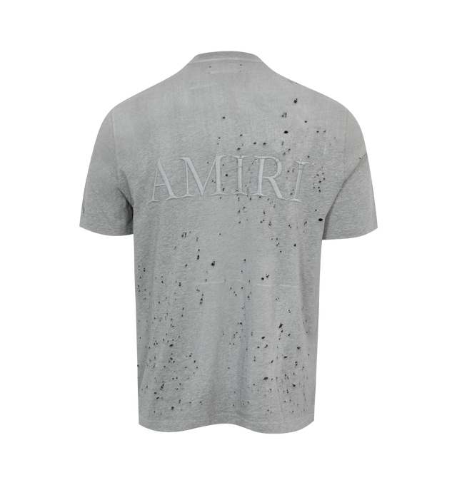 Image 2 of 2 - GREY - AMIRI MA Shotgun Embroidered T-Shirt featuring logo on chest and back, crew neckline, short sleeves, distressing throughout, regular fit and pllover style. 100% cotton. Made in USA. 