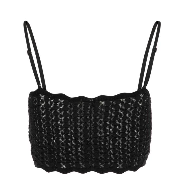 Image 2 of 2 - BLACK - Saint Laurent sheer crop top in an openwork pointelle knit made with certified viscose, featuring adjustable spaghetti straps, front buttons, and scalloped trim, front button and tie closure, and scalloped neckline. 88% VISCOSE, 12% POLYESTER. Made in Italy. 