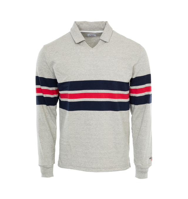 Image 1 of 3 - GREY - NOAH Pitch Practice Top featuring engineered stripes, rib knit, v-neck, collar and rib knit cuffs. 100% cotton. Made in Canada.  
