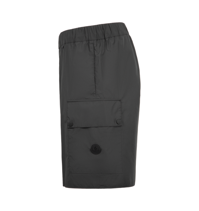 Image 4 of 4 - BLACK - MONCLER Cargo Shorts featuring ripstop fabric, waistband with drawstring fastening, patch pockets with snap button closure and mesh details and logo details. 100% polyester.  