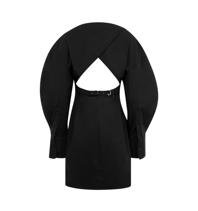 Image 2 of 2 - BLACK - JACQUEMUS Boat-Neck Shirt Dress featuring fitted mini silhouette, rounded at the top and fitted from the waist down, twill fabric, boat neckline, wide rounded sleeves, J shaped patch pocket, yoke below the bust, square, buttoned cuffs, side slits, layered back with triangle cut-out, adjustable belt in the back with metal buckle & studs, belt loops and Mother-of-pearl buttons. 55% polyester, 45% virgin wool. Made in Bulgaria.  