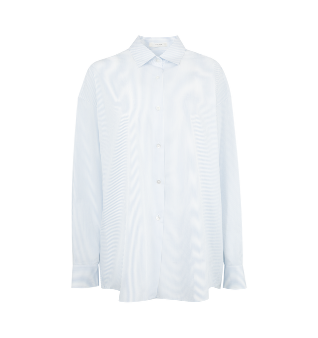 Image 1 of 2 - WHITE - THE ROW Caster Shirt featuring relaxed fit, button-up front closure, curved hem, center back yoke with box pleat, and exposed front placket with mother-of-pearl buttons. 100% cupro. Made in Italy. 