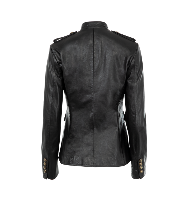 Image 2 of 3 - BLACK - Nili Lotan Geraldine Leather Jacket has a stand collar, a button front closure, signature crest buttons, epaulets, flap chest pockets, flap side pockets, and button cuffs. Fully lined. 100% calfskin leather.  