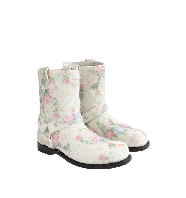 Image 2 of 4 - MULTI - Loewe Biker boot in floral faded effect brushed suede, featuring hardware details and loops on the side for an easy step-in. Crafted with Goodyear construction, leather insole and outsole and a 30mm heel. Made in Italy. 