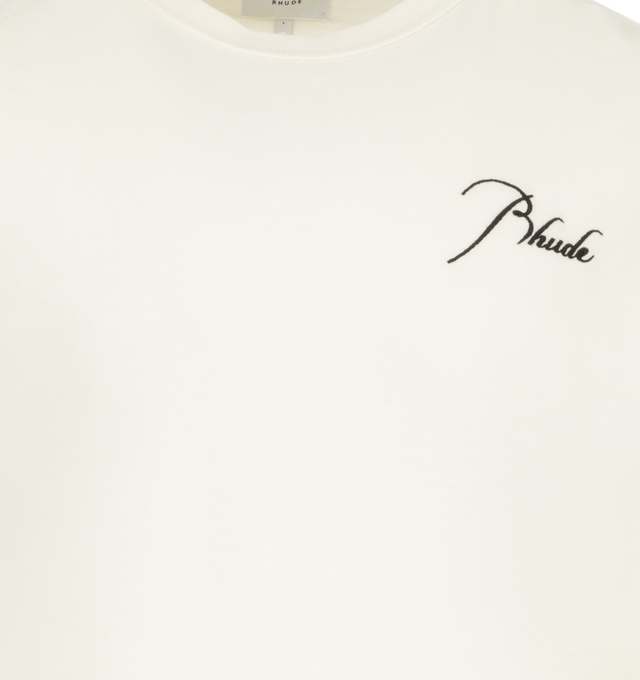 Image 3 of 3 - WHITE - Rhude Veritas T-Shirt has a crew neck, ribbed collar, and printed small signature logo. 100% cotton.  