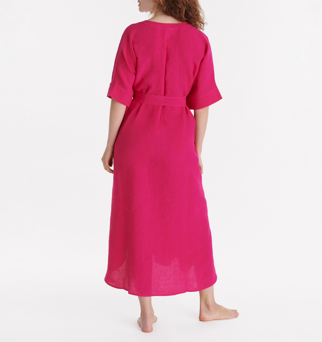 Image 3 of 4 -  PINK - ERES Bibi Kaftan featuring short sleeves, V-neckline, pleated back, removable belt without loop, rounded slits on each side at the bottom and length above ankles. 100% Linen. Made in Bulgaria. 