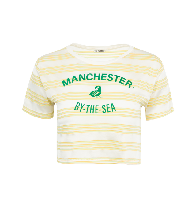 YELLOW - BODE Morris Stripe Tee featuring "Manchester-by-the-Sea" flocked design, cropped, stripes, short sleeves and crew neck. 50% cotton, 50% rayon. Made in Portugal.