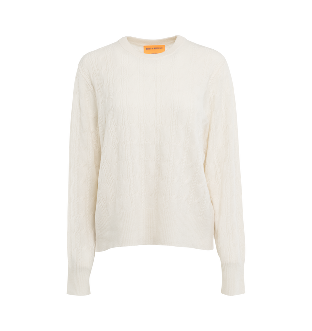 WHITE - GUEST IN RESIDENCE Twin Cable Crew featuring crew neck, all over double cable stitch, ribbed neck trim, cuff, and hem and integral knitted branding. 100% cashmere. 