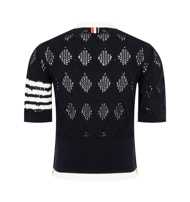 Image 2 of 3 - NAVY - THOM BROWNE Argyle Pointelle 4-Bar Cardigan featuring v-neck, short sleeves, button fastening, signature 4-Bar stripe at the sleeve, RWB stripe tab at the back and ribbed cuffs and hem. 100% cottton.  