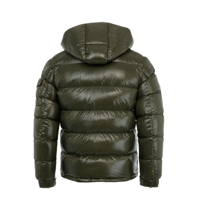 GREEN - MONCLER Maya Jacket featuring nylon laqu lining, down-filled with boudin quilting, detachable hood with snap buttons, adjustable with drawstring fastening, two-way zipper closure, zipped pockets, adjustable, elasticized cuffs with snap buttons, hem with drawstring fastening, flap patch pocket on sleeve and felt Moncler logo on sleeve. 100% polyamide/nylon. Padding: 90% down, 10% feather. 