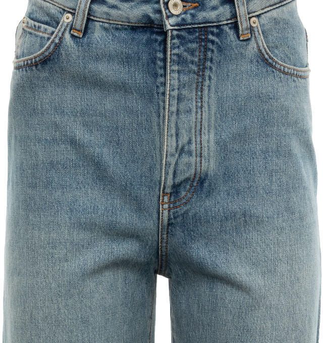 Image 3 of 3 - BLUE - LOEWE High Waisted Jeans crafted in medium-weight cotton denim in a regular fit, long length, high waist, slouchy leg, concealed button fastening, five pocket style with LOEWE embossed leather patch placed at the back. 100% cotton. 