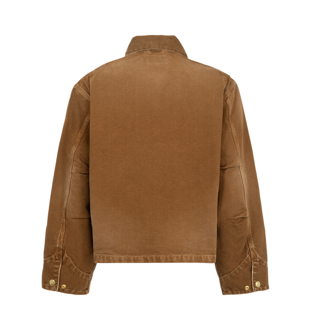 Image 2 of 2 - BLACK - Carhartt WIP Men's OG Arcan Jacket is crafted from heavyweight organic Dearborn canvas and features a destroy wash for a distressed, worn-in finish, a corduroy collar, gold-tone zip front closure, and a kangaroo pocket. Cut in the brand's original loose fit, this designer workwear jacket combines durable triple-stitch construction, reinforced stress points, and heritage utility details with a relaxed, contemporary silhouette. Main Material: 100% Organic Cotton Dearborn Canvas (12 oz). 