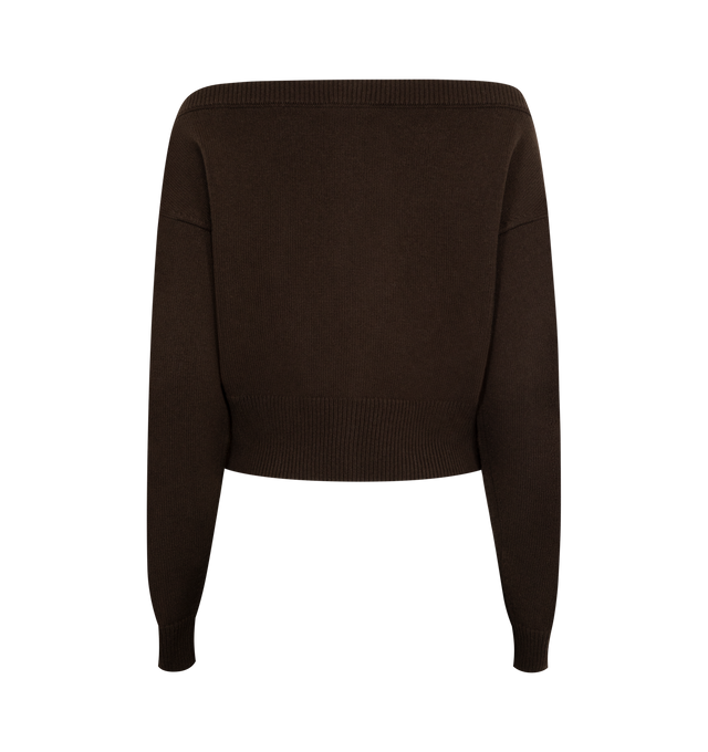 Image 2 of 2 - BROWN - TOM FORD Open Neck Cardigan featuring shrunken fit, crafted in pure 5 gauge cashmere, discreet tonal embroidery and Mother of Pearl button closure. 100% cashmere. Made in Italy. 