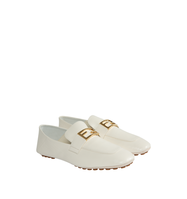 Image 2 of 4 - WHITE - FENDI Baguette Loafers featuring FF Baguette motif, suede sole with raised rubber inserts, the heel can be folded to wear the style as a sabot and gold-finish metalware. 100% lamb leather. Made in Italy. 