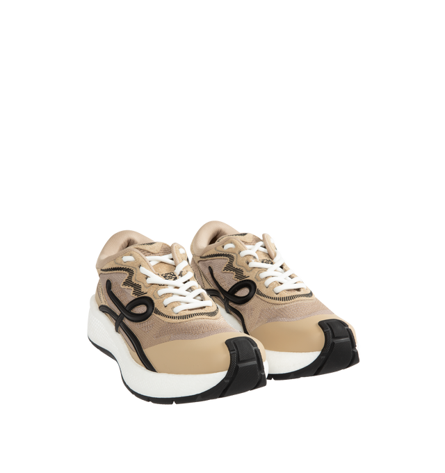 Image 2 of 5 - NEUTRAL - Loewe Men's Pogo Sneakers are crafted from technical knit and suede and feature a bold silhouette with a layered upper and textured two-piece sole. Designed with double laces, the signature L monogram at the side. Main Material: Technical Knit and Suede. Lining: Technical Fabric. Sole: Rubber. Heel Height: 4 cm. Made in Italy. 