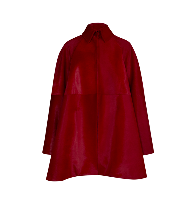 Image 1 of 1 - RED - Alaa Women's Pony Calfskin A-Line Coat is crafted from pony hair calfskin and features a pointed collar, raglan sleeves, a concealed button placket, and welt pockets. The midi-length silhouette is cut in an A-line shape. Main Material: 100% Calf Leather. Main Lining: 100% Cupro. Pocket Lining: 100% Cotton. Made in France. 