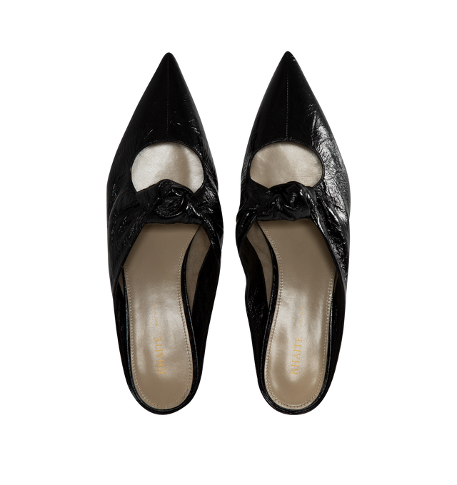 Image 4 of 4 - BLACK - KHAITE Rowan Knotted Leather Mules featuring a richly textured leather slip-on topped by an artful knot. The pointed-toe silhouette is refined by topstitching and a covered conical heel. 100% calfskin. 