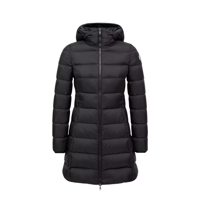 Image 1 of 1 - BLACK - Moncler Women's Gie Hooded Down Jacket is crafted from recycled rainwear nylon and features a longline silhouette with graphic quilting, a down-filled construction, and a concealed pull-out hood. Designed with water-repellent properties for changing weather conditions, it is finished with a front zip closure, zipped pockets, and a signature logo patch. Main Material: 100% Polyamide / Nylon. Lining: 100% Polyamide / Nylon. Hood Lining: 100% Polyamide / Nylon. Padding: 90% Down, 10% Fea 