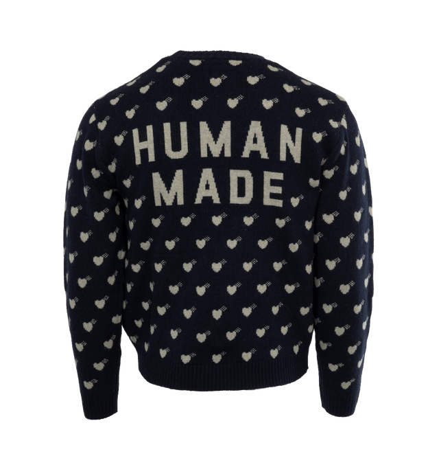 Image 2 of 4 - NAVY - HUMAN MADE Heart Knit Sweater featuring knit fabric, ribbed crewneck and intarsia branding. 100% cotton. 