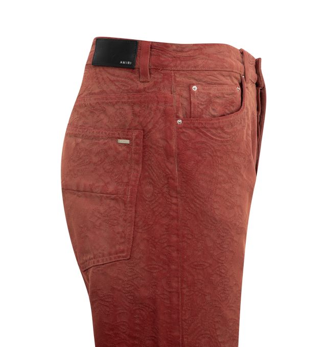 Image 2 of 2 - RED - AMIRI Bandana Jacquard Straight Jeans featuring jacquard logo graphic pattern throughout, belt loops, five-pocket styling, button-fly, logo patch at back waistband and logo plaque at back pocket. 100% cotton. Made in United States. 