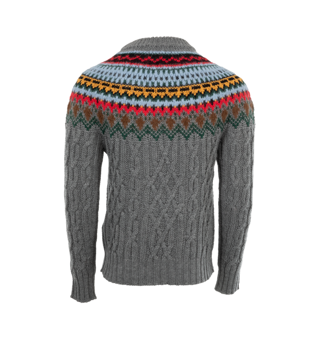 Image 2 of 2 - GREY - Moncler Grenoble Fair Isle Sweater has ribbed cuffs and a ribbed hem, dropped shoulders, and a crew neck. 100% virgin wool with 73% wool, 21% alpaca, 6% nylon yoke. Made in Italy.  