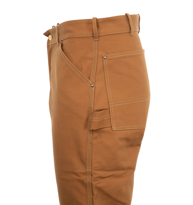 Image 3 of 4 - BROWN - Human Made Men's Straight silhouette work pants made of duck fabric. The paper label on the back pocket changes with each wash, and when all the labels are removed, the heart-shaped stitching reveals the outline. 100% COTTON. 