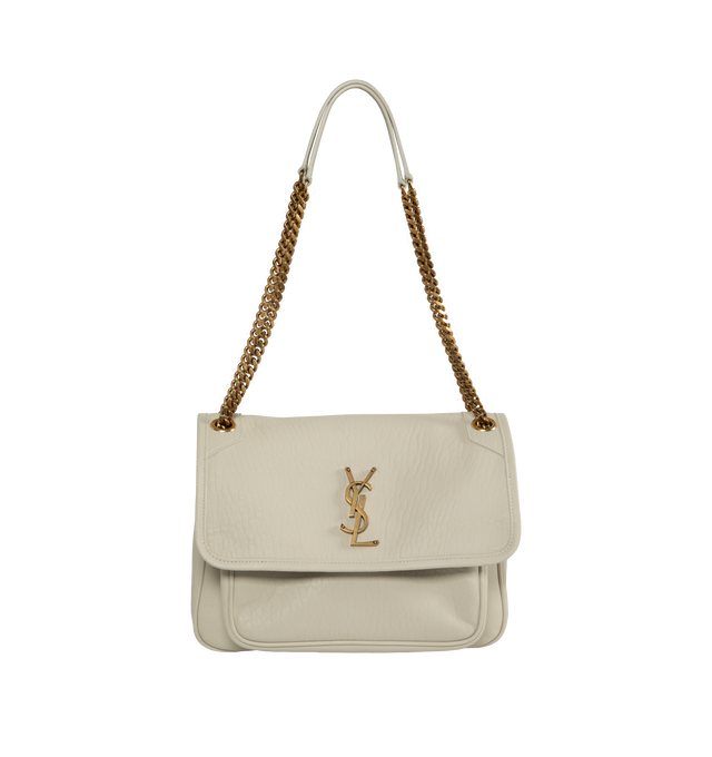 Image 1 of 3 - WHITE - SAINT LAURENT Niki Medium Chain Bag featuring magnetic snap closure, sliding chain and leather strap, one open pocket, one zipped pocket and one pocket under flap. 11" X 7.8" X 3.3". 95% lambskin, 5% brass. Made in Italy. 