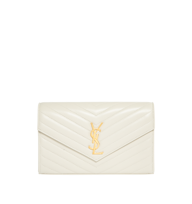 WHITE - SAINT LAURENT Monogram Chain Wallet featuring front flap, snap button closure, quilted overstitching and removable chain shoulder strap. 8.8 X 5.5 X 1.5 inches. Strap drop: 18.9 inches. 100% lambskin. Made in Italy. 