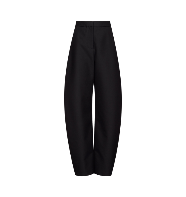 Image 1 of 1 - BLACK - Azzedine Alaia Wool Round Pants are crafted with a curved barrel-leg silhouette.  Materials: 78% Wool, 22% Silk, Pocket Lining: 100% Cotton. Made in Italy. 