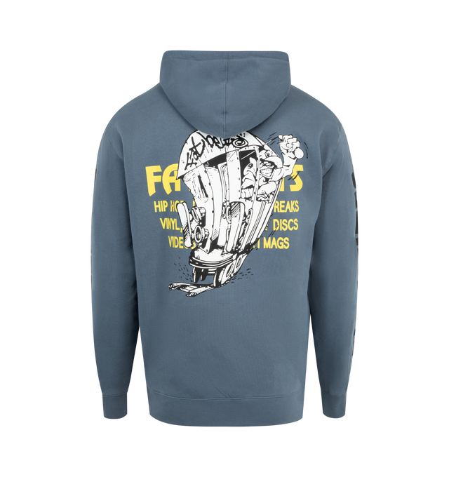 Image 2 of 3 - BLUE - PLEASURES Sections Hoodie featuring drawstring hood, front kangaroo pocket,ribbed cuffs and trim and screenprint at front and back. 70% cotton, 30% polyester. 