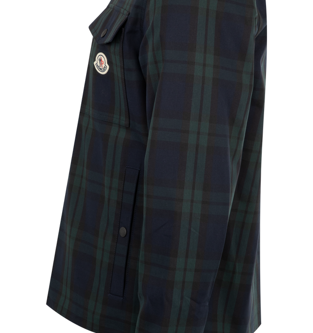 Image 3 of 3 - NAVY - MONCLER Checked Cotton Gabardine Shirt featuring check cotton gabardine, collar, long sleeves, zipper closure, pockets with snap button closure, chest pocket and logo patch. 100% cotton. 