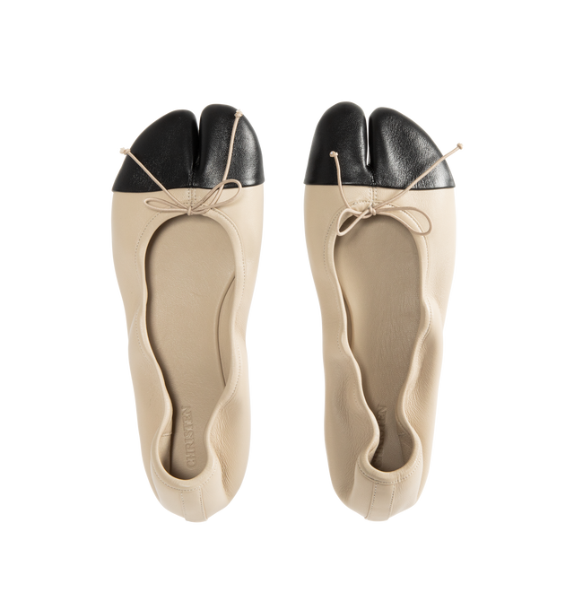 Image 4 of 4 - NEUTRAL - CHRISTEN Tabi Stretch Ballerina Flats featuring grained nappa lambskin, square cleft toe, bow appliqu at vamp, elasticized collar, grained kidskin lining, stacked leather heel with rubber injection and calfskin nubuck sole. Upper: lambskin. Sole: calfskin, rubber. Made in France. 