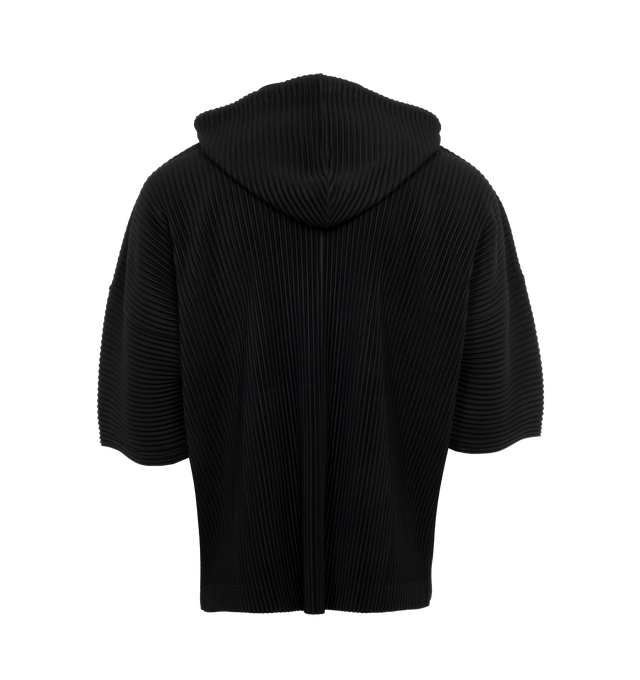 Image 2 of 4 - BLACK - ISSEY MIYAKE Hooded Shirt featuring short sleeves, pleated throughout, kangaroo pocket and drawstring hood. 100% polyester. 