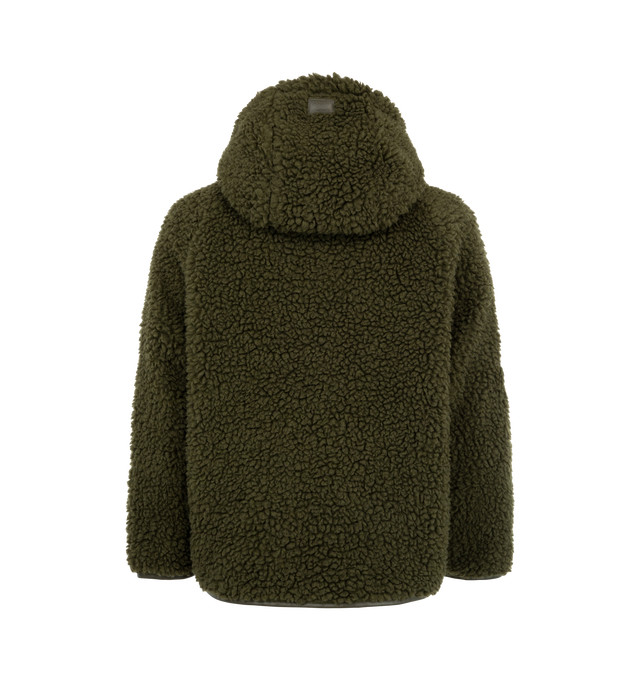 Image 2 of 3 - GREEN - Loewe Anorak is crafted from medium-weight khaki green polyester-and-wool fleece and features a relaxed fit with a regular length and zippered hooded collar. A leather drawstring with detachable whale and bottle-opener details, a contrasting front snap-flap pocket, a sleeve patch, front zip pockets, and leather-trimmed cuffs and hem complete the design. A debossed Double L leather patch accents the hood. Main Material: Polyester and Wool. Made in Italy. 
