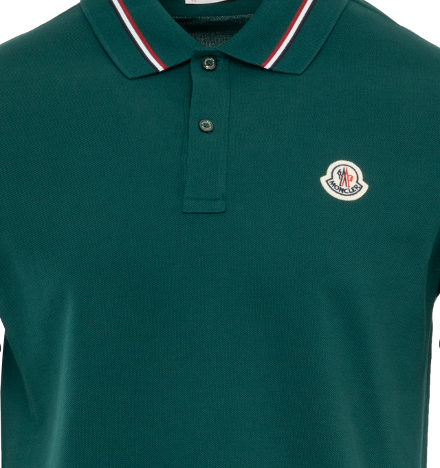 Image 3 of 3 - GREEN - MONCLER Logo Polo Shirt featuring short sleeves, knit collar and cuffs, patch polo on chest and tricolor trim. 100% cotton. 